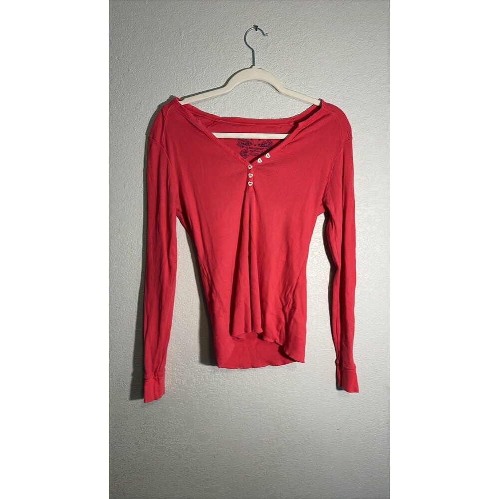 Vintage No Boundaries Y2K Red Ribbed Henley Top with Heart Buttons XL